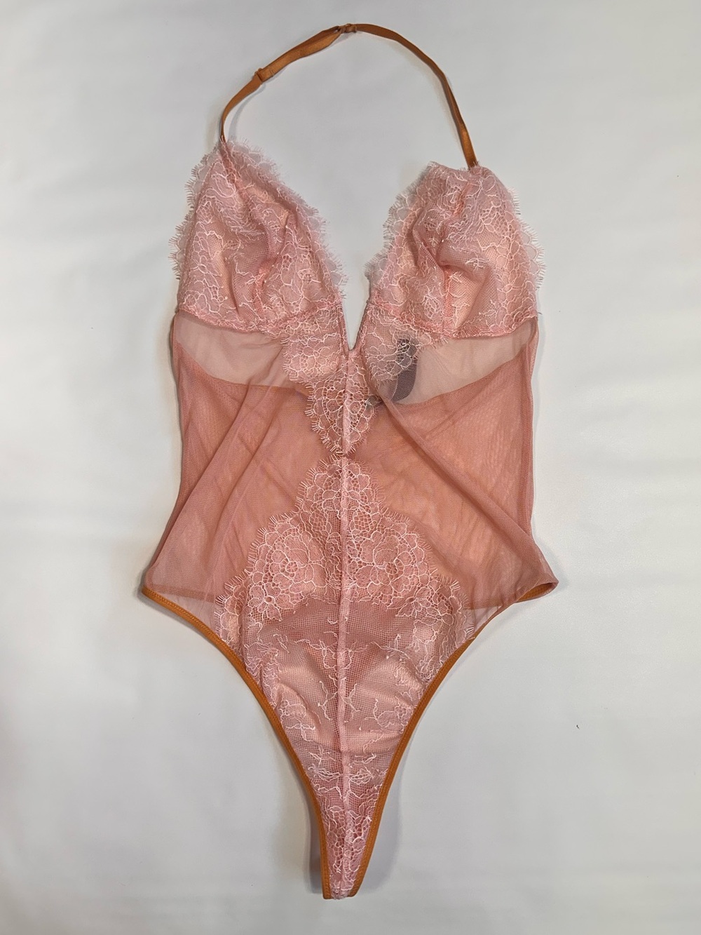 Victoria's Secret Blush Pink Sheer Lace Plunge Bodysuit with Tan Trim